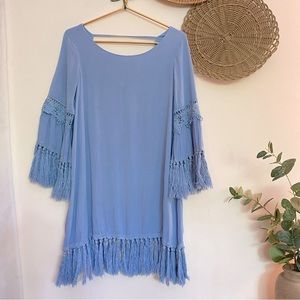Bohemian Sky Blue Crochet Bell Sleeved Tasseled Dress